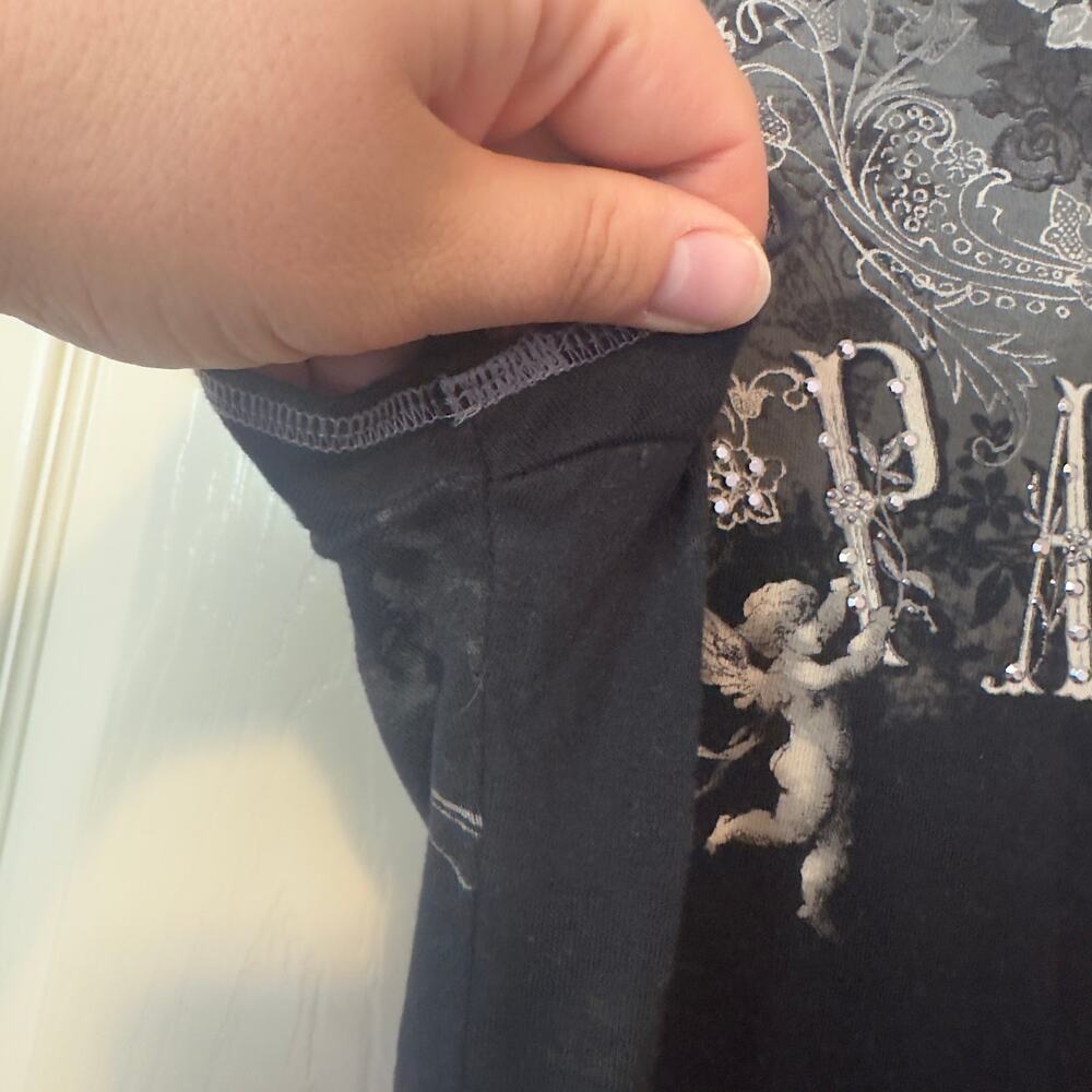 Dressbarn Y2K Women’s Paris Fitted T-Shirt Size L Black Gray Rhinestones Floral - Picture 7 of 7